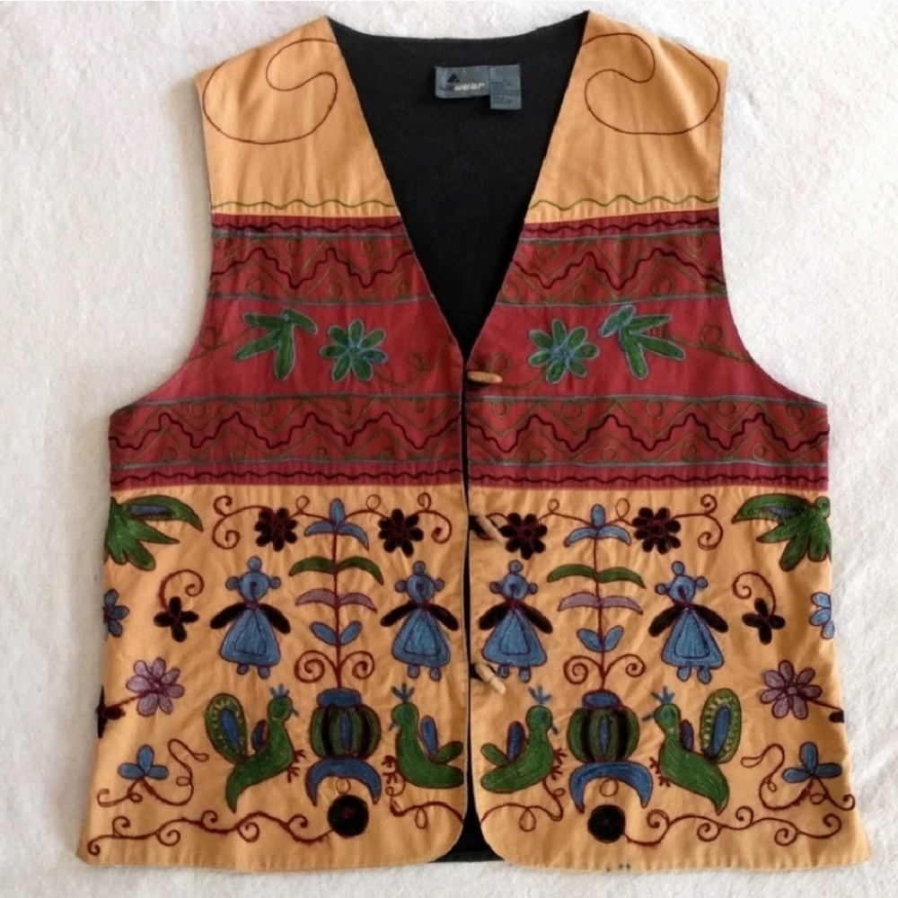 Lizwear Embroidered Folk Art Vest Primitive Tribal Ethnic Rustic Vintage Boho L